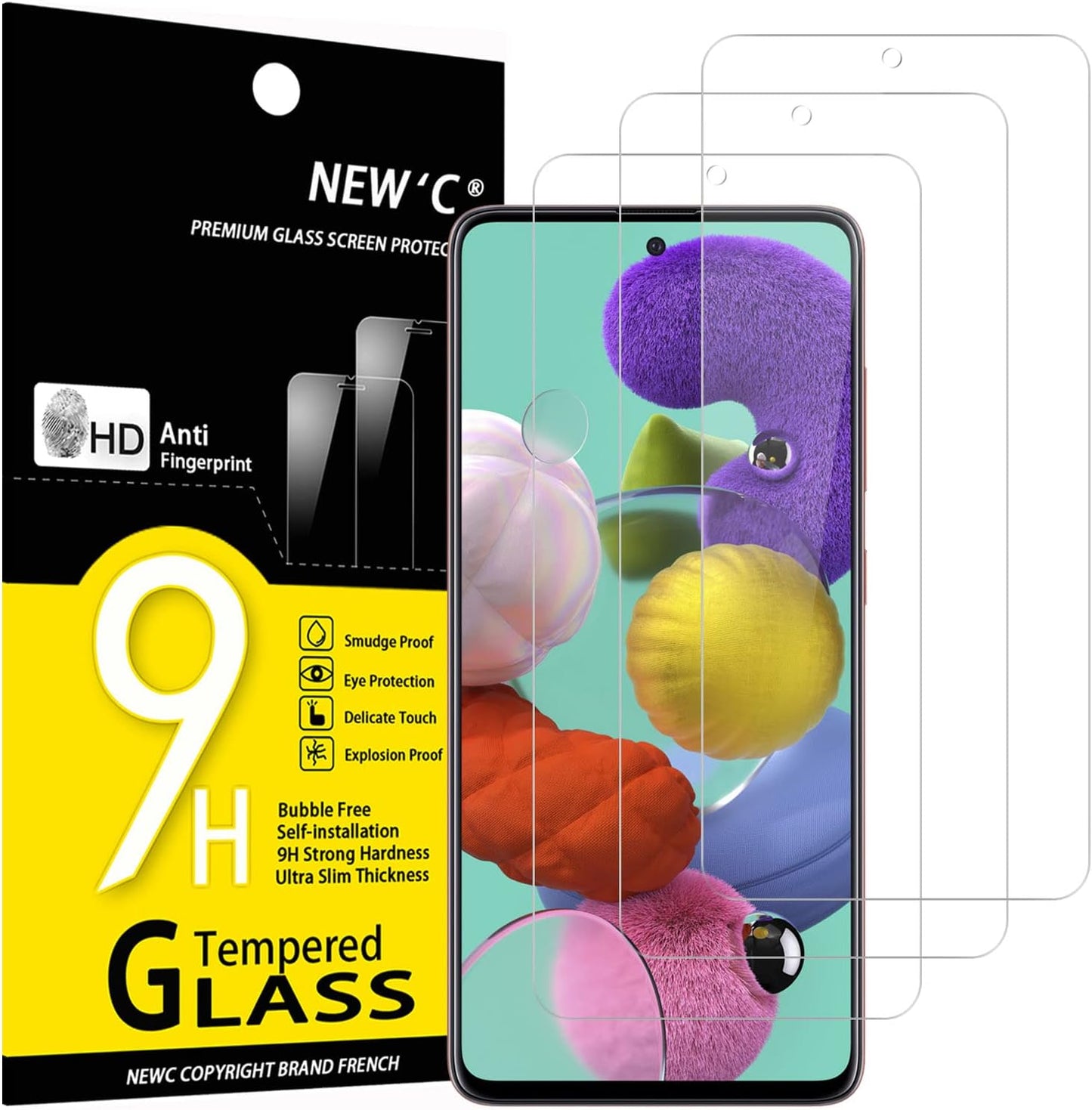 NEW'C 3 Pack Designed for Samsung Galaxy A51 Screen Protector Tempered Glass,Case Friendly Scratch-proof, Bubble Free, Ultra Resistant