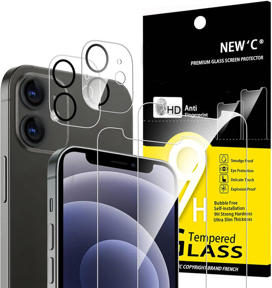 NEW'C 4 Pack, 2 Pack Screen Protector for iPhone 12 Mini + 2 Pack Camera Lens Protector, Sensor Protection,Case Friendly Tempered Glass Film