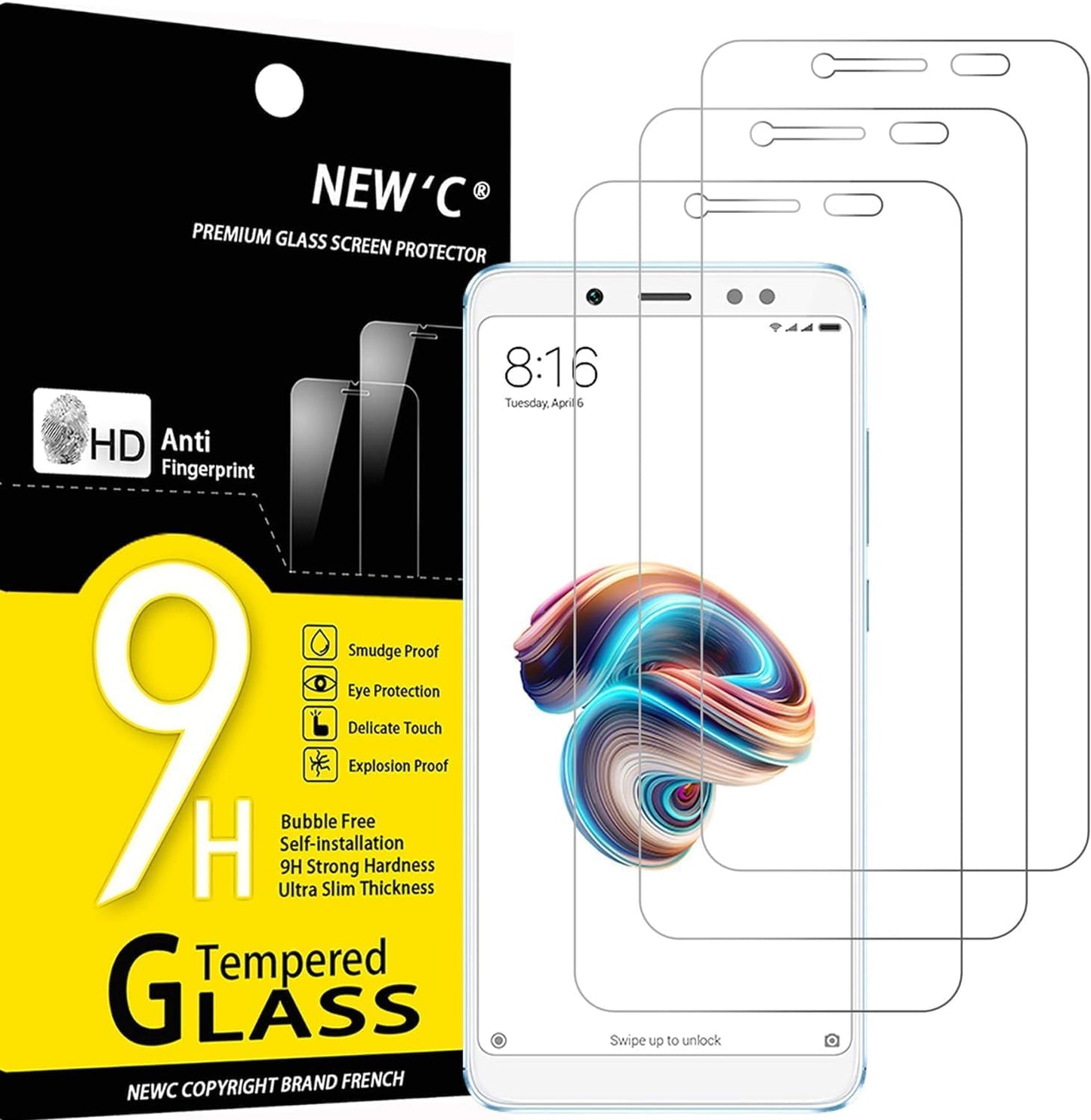 NEW'C Tempered Glass Screen Protector for Xiaomi Redmi Note 5, Scratch Free, 9H Hardness, HD Screen Protector, 0.33 mm Ultra Clear, Ultra Resistant, Pack of 3