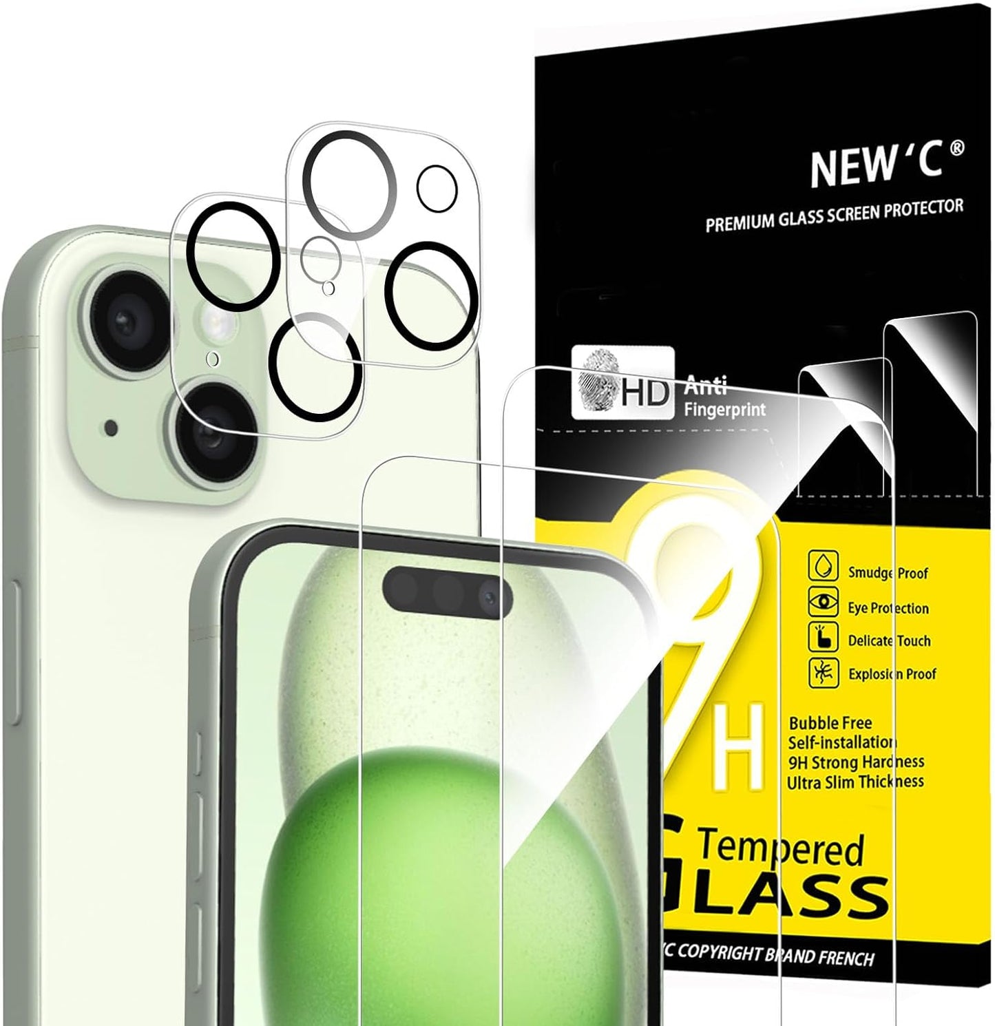 NEW'C 4 Pack, 2 Pack Screen Protector for iPhone 15 [6.1 inch] + 2 Pack Camera Lens Protector, Sensor Protection,Case Friendly Tempered Glass Film