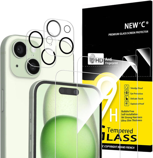 NEW'C 4 Pack, 2 Pack Screen Protector for iPhone 15 [6.1 inch] + 2 Pack Camera Lens Protector, Sensor Protection,Case Friendly Tempered Glass Film