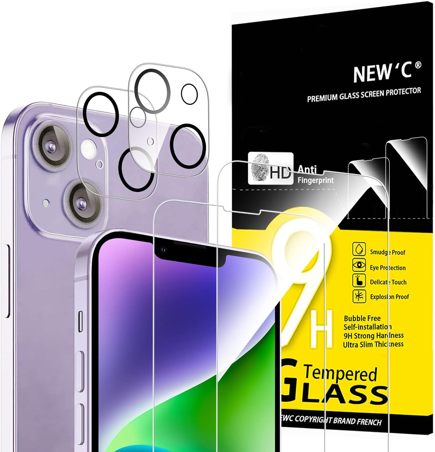 NEW'C 4 Pack, 2 Pack Screen Protector for iPhone 14 Plus [6.7 inch] + 2 Pack Camera Lens Protector, Sensor Protection,Case Friendly Tempered Glass Film B0BH9CLJXD