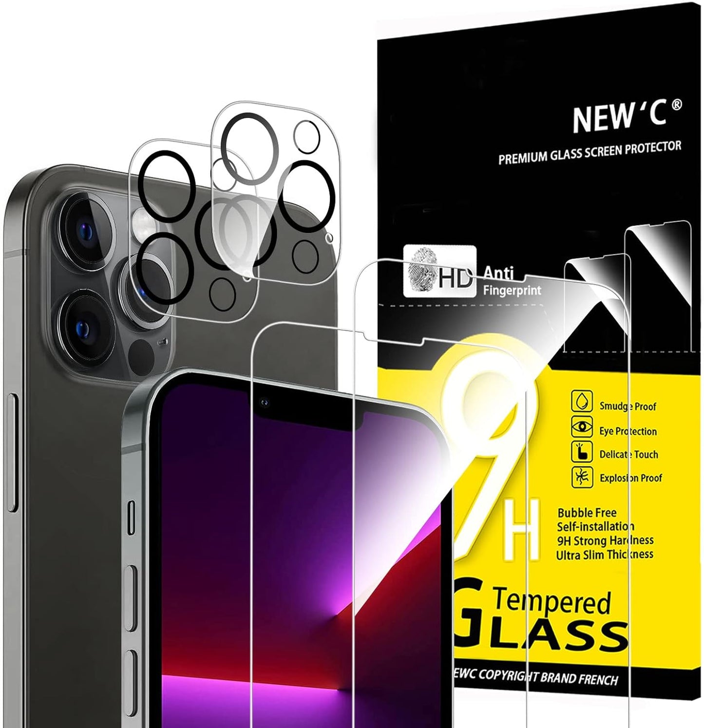 ,2 Pack Screen Protector for iPhone 13 Pro + 2 Pack Camera Lens Protector, Sensor Protection,Case Friendly Tempered Glass Film