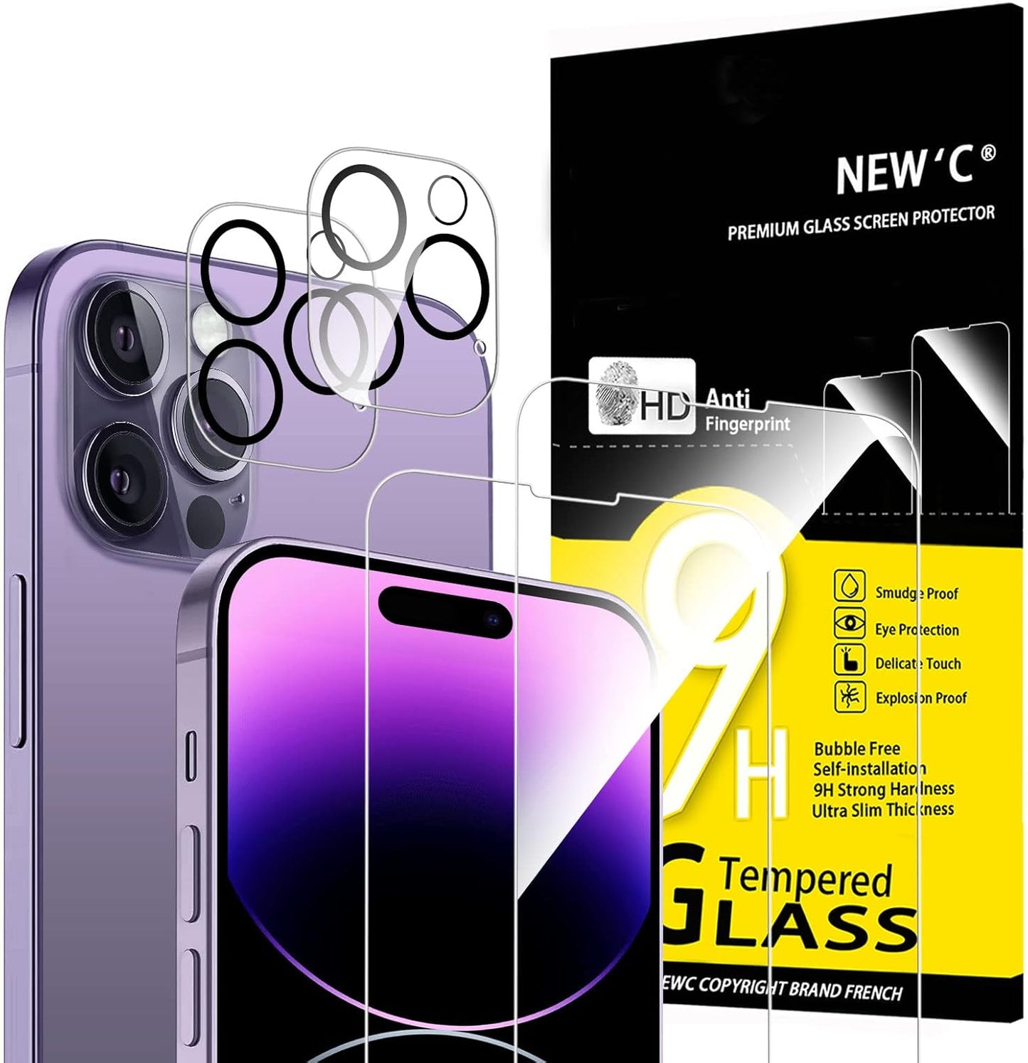 NEW'C 4 Pack, 2 Pack Screen Protector for iPhone 14 Pro Max [6.7 inch] + 2 Pack Camera Lens Protector, Sensor Protection,Case Friendly Tempered Glass Film