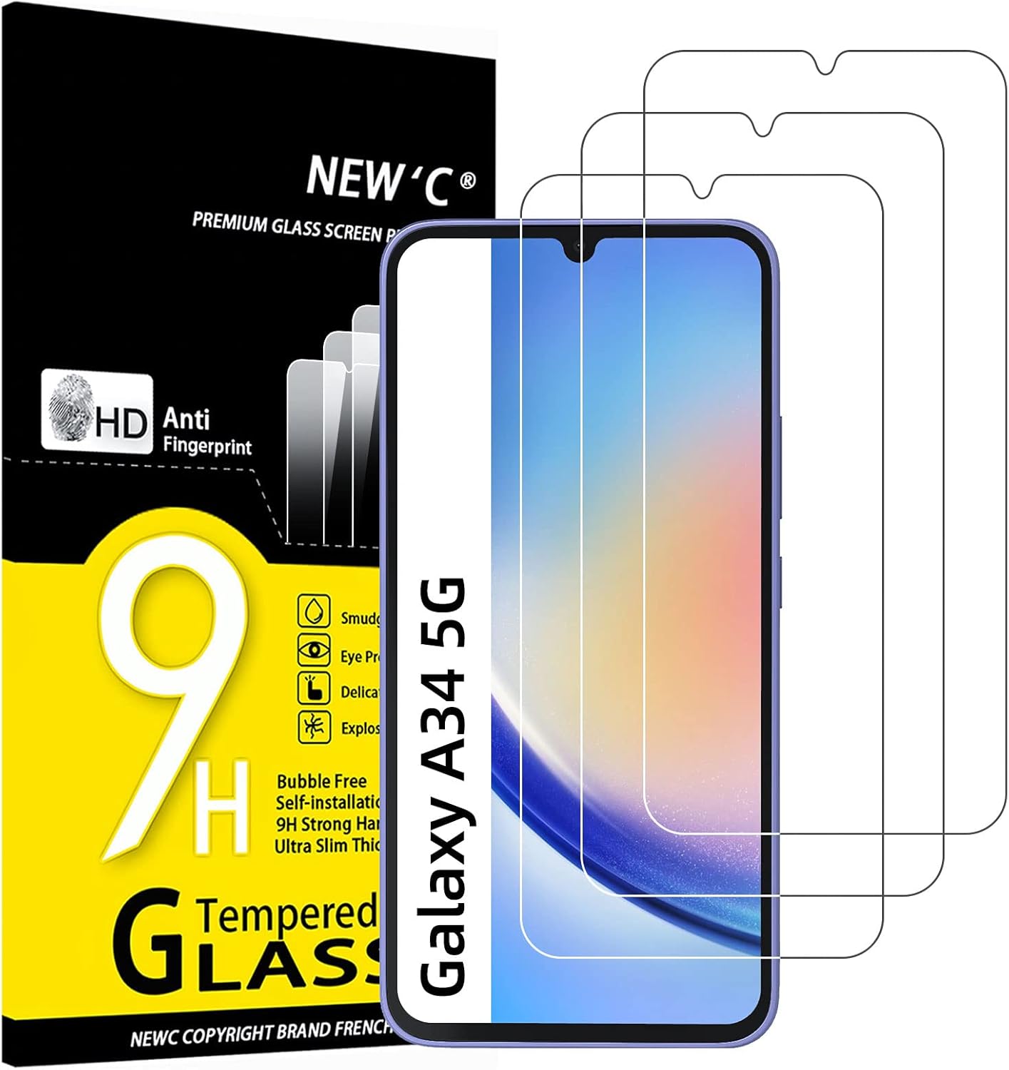 NEW'C 3 Pack Designed for Samsung Galaxy A34 5G Screen Protector Tempered Glass,Case Friendly Scratch-proof, Bubble Free, Ultra Resistant