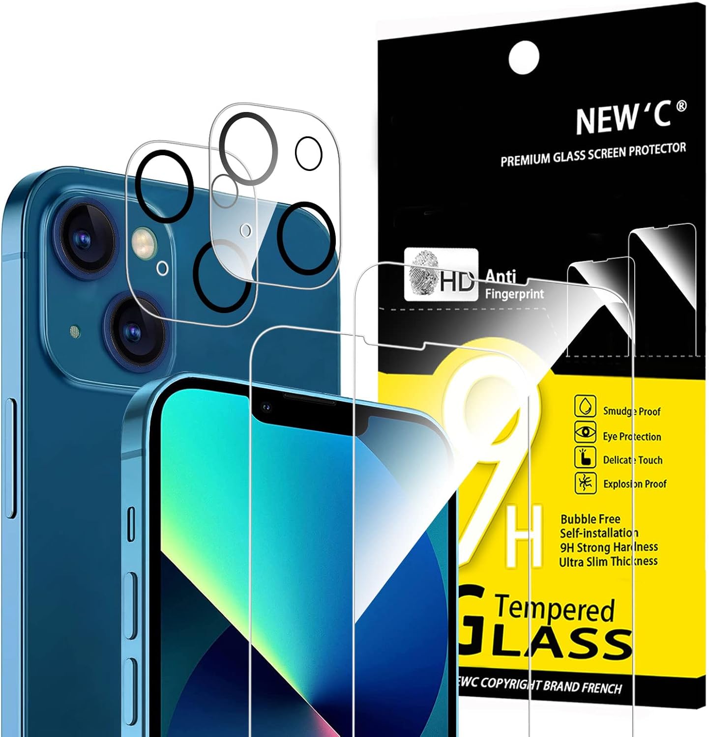 NEW'C 4 Pack, 2 Pack Screen Protector for iPhone 13 [6.1 inch] + 2 Pack Camera Lens Protector, Sensor Protection,Case Friendly Tempered Glass Film