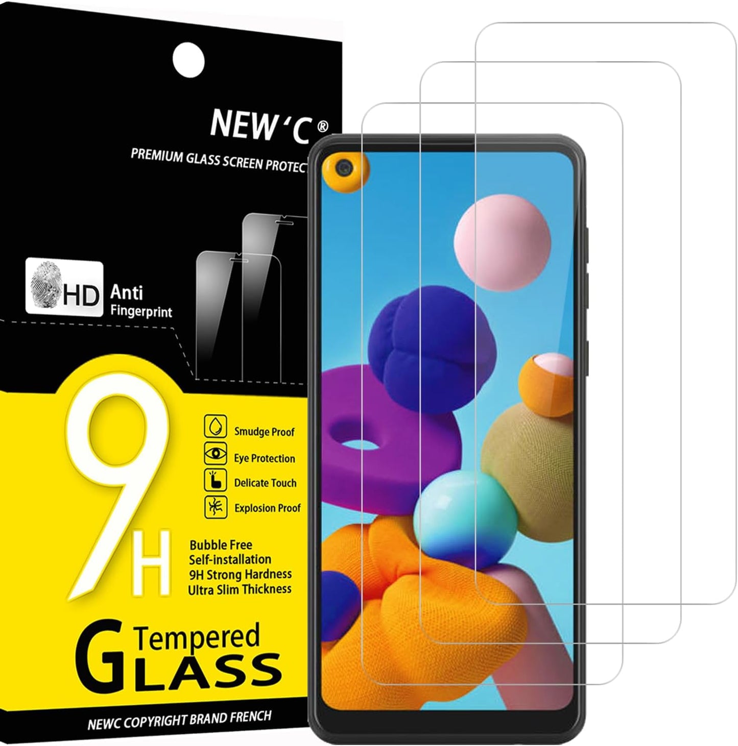 NEW'C 3 Pack Designed for Samsung Galaxy A21 Screen Protector Tempered Glass,Case Friendly Scratch-proof, Bubble Free, Ultra Resistant